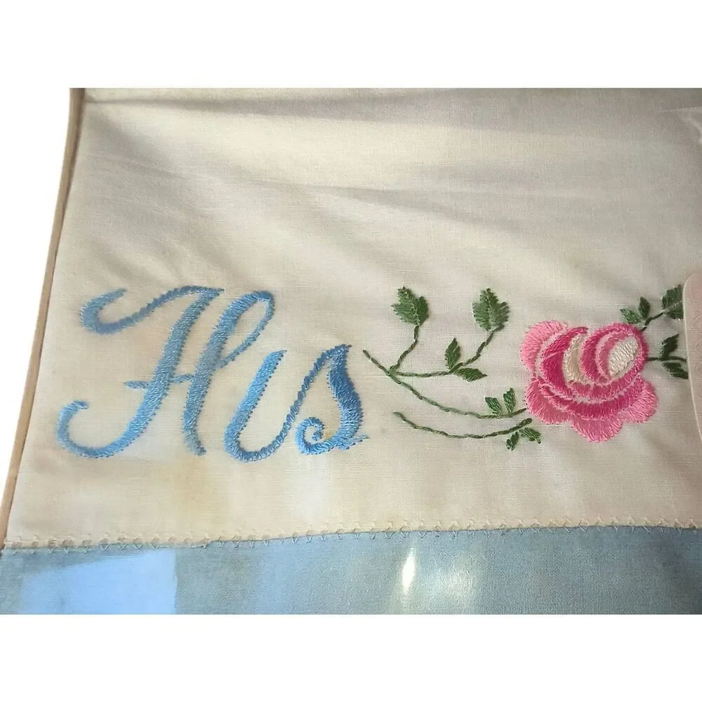 NIP Pair Of Embroidered His and Hers Vintage Pillow Cases White Blue pink floral